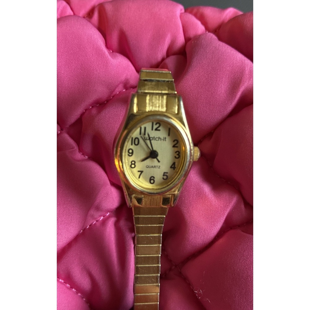 Vintage Watchit-Gold Tone Dial Oval Stainless Steel Stretch Band Watch 90s WORKS